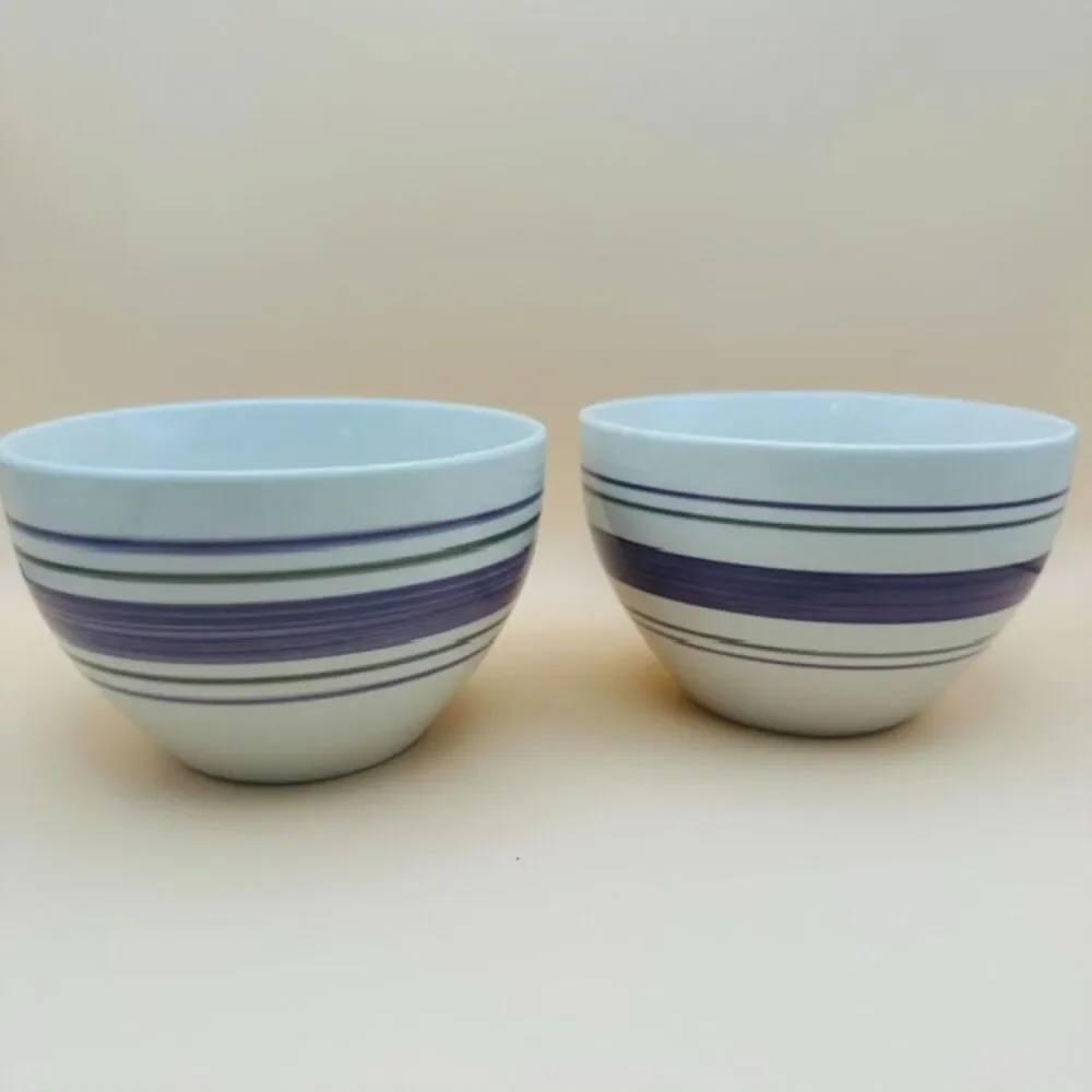 Set of 2 American Atelier Ashby Wineberry Stoneware Bowls Purple Striped Bands